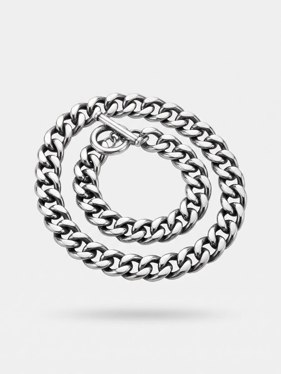 Heavy oxidized silver curb chain with a toggle clasp
