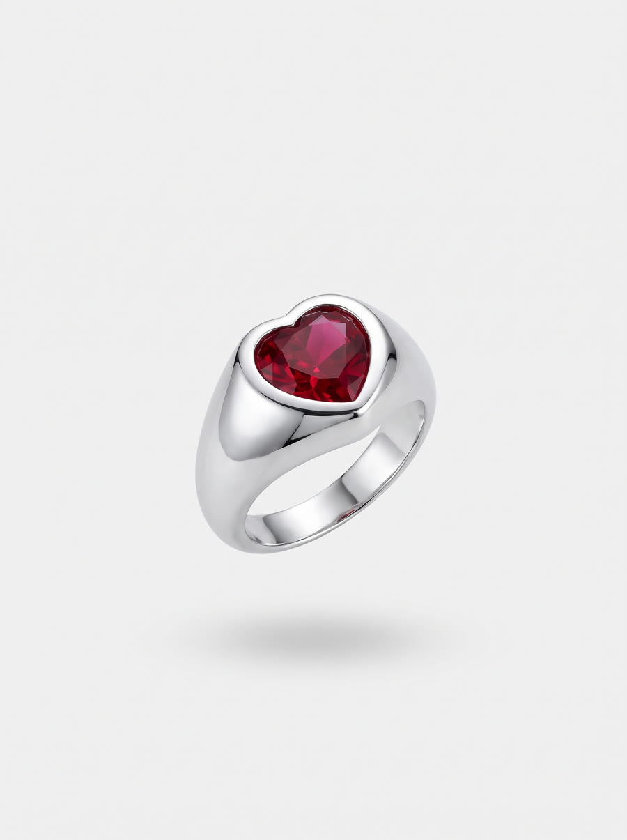 Sterling silver signet ring with a heart-cut ruby