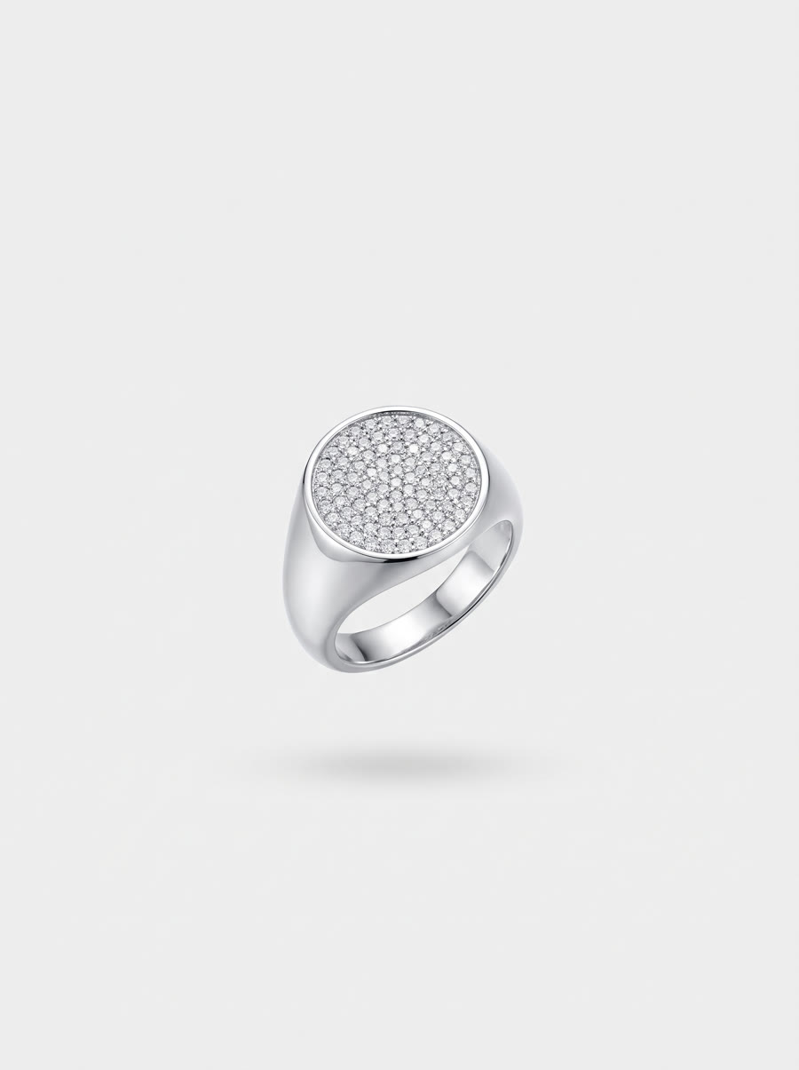 Round sterling silver signet ring set with pavé diamonds